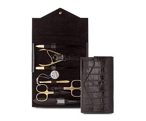 Nippes Solingen Set de manucure Croco 7 pièces avec instruments plaqués or, étui en cuir de vachette véritable avec bouton pression, mamelons Premium Line marron foncé plaqué or