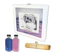 NIRALIS Cadre de cérémonie en bois laqué avec sable décoratif de couleur rose et bleu, pour kit de mariage rituel, avec cadre photo 10 x 15, 2 pots de 800 g, blanc - bleu/violet