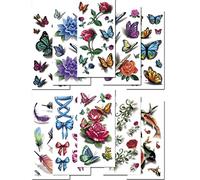 Nirbffo Tatouages temporaires 3D autocollants transfert d'eau rose, papillon, poissons, cravate, plume, pour art corporel, tatouage, imperméable, tatouage temporaire pour fille, 10 feuilles
