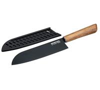 Nirosta 41873 Couteau Santoku 31 cm, Lame Acier Inoxydable Revêtement Antiadhésif sans PFAS, Affûté, Légumes Fruits Fromages Viandes, Manche Bois Acacia Certifié FSC™, Protège-Lame PP recyclé, Noir