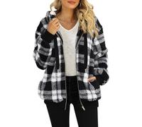Nirovien Sweat à capuche Sherpa à capuche en polaire pelucheuse surdimensionnée avec poches pour femme, B-Noir Blanc Plaid, Large