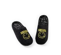 Nirvana Chaussons mules unisexes noirs avec logo d'intérieur confortables pour la détente | Articles de groupe de musique | Vêtements d'intérieur décontractés | Articles