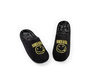 Nirvana Chaussons mules unisexes noirs avec logo d'intérieur confortables pour la détente | Articles de groupe de musique | Vêtements d'intérieur décontractés | Articles