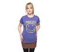 Nirvana Ladies Tee: Yellow Smiley - Medium - Purple