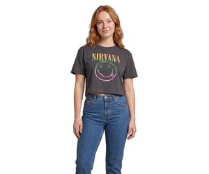 Nirvana T-shirt court gris à manches courtes pour femme | Haut court graphique avec logo arc-en-ciel | Vêtements vintage du groupe Grunge | Cadeau de musique pour femme