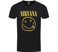 Nirvana T-shirt Smiley Logo Manches courtes 100% coton Coupe standard Femme Noir L