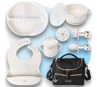 NiryKely - Set Repas Bébé Complet 8 Pièces en Silicone - Assiette Ventouse Compartimentée, Bol, Tasse d’Apprentissage, Couverts, Bavoir + Sac Isotherme - Kit voyage Sans BPA dès 6 Mois (Beige)