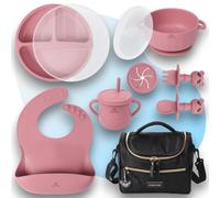 NiryKely - Set Repas Bébé Complet 8 Pièces en Silicone - Assiette Ventouse Compartimentée, Bol, Tasse d’Apprentissage, Couverts, Bavoir + Sac Isotherme - Kit voyage Sans BPA dès 6 Mois (Rose)