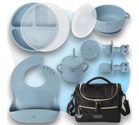 NiryKely - Set Repas Bébé Complet 8 Pièces en Silicone - Assiette Ventouse Compartimentée, Bol, Tasse d’Apprentissage, Couverts, Bavoir + Sac Isotherme - Kit voyage Sans BPA dès 6 Mois (Bleu)