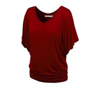 NiSeng Femme T-Shirt Manches Chauve-Souris V-Cou Décontracté Vrac Lâche Slim Shirt à Manches Courtes Vin Rouge XL