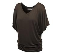 NiSeng Femme T-shirt Manches Chauve-Souris V-cou Décontracté Vrac Lâche Slim Shirt à Manches Courtes Marron L