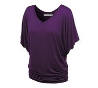 NiSeng Femme T-shirt Manches Chauve-Souris V-cou Décontracté Vrac Lâche Slim Shirt à Manches Courtes Violet Foncé 2XL