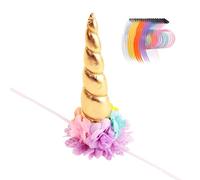 Nishine Serre-tête en corne de licorne florale de 20,3 x 12,7 cm de long + 18 guirlandes à cheveux pour faire de votre cheval une licorne, Halloween, décoration de fête de mariage (doré et jaune)