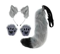 Nishiyuenyi Oreilles et Queue de Renard En Peluche, Pince à Cheveux avec Gants, Serre-tête, Oreilles de Chat pour Enfants et Adultes, Couvre-chef à Longue Queue P, GRISE