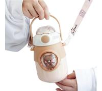 Nisone Cute Kawaii Bear Water Bottle with Straw and Shoulder Strap, Cute Water Bottles Aesthetic, Kawaii Water Bottle with Strap and Straw, Leak Proof Easy Clean