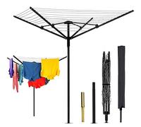 Nisorpa Corde à linge rotative d'extérieur avec piquet et couvercle, 4 bras pliable, séchoir à linge robuste Whirlygig - 50 m - Noir
