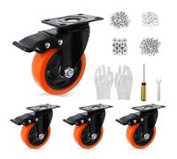Nisorpa Lot de 4 roulettes pivotantes de 100 mm avec frein jusqu'à 1000 kg, rotatives à 360 °, en polyuréthane, orange, pour charges lourdes, avec double serrure, roulettes de transport 100 mm pour