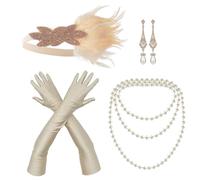 NITAIUN 4 Pieces 1920s Accessorie pour Femmes, Great Gatsby Costume Accessoires Set, Accessoire Année 20 Femme,Charleston Accessoires, Bandeau à Plumes Collier Boucles d'oreilles Gants (Set O)
