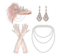 NITAIUN 4 Pieces Gatsby Costume Accessoires Set, Accessoire Année 20, 1920s Gatsby Accessorie pour Femmes, Charleston Accessoires, Bandeau à Plumes Collier Boucles d'oreilles Gants (Set R)
