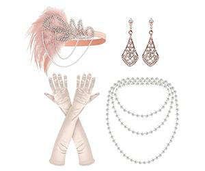NITAIUN 4 Pieces Gatsby Costume Accessoires Set Accessoire Année 20, 1920s Gatsby Accessorie pour Femmes, Charleston Accessoires, Bandeau à Plumes Collier Boucles d'oreilles Gants (Set R)