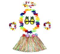 NITAIUN 6 Pcs Hula Hawaïen Ensemble de Jupe Hawaïenne pour Enfants et Adultes, 40 cm Hula Jupe Guirlande Bandeau Bracelet Ananas Lunettes pour La Fête Dété, Décorations de Fête Hawaïennes (Coloré)