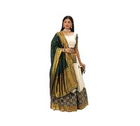 Nitimatta Lehenga Choli pour femme - Tenue de fête de mariage indienne prête à l'emploi pour femme, Blanc et vert foncé, Large