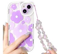 NITITOP Compatible for iPhone 13 Case with Lovely Flower Bracelet Chain Clear Floral Bear Camera Lens Case, Soft TPU Shockproof Cover for Women Girls -Purple