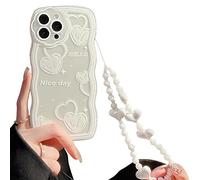 NITITOP Compatible for iPhone 13 Pro Max Case, Cute Oil Painting Love Pattern with Heart Beaded Lanyard Wrist Strap for Women Girls, Soft TPU Full Protective Cover- White Heart