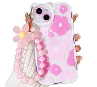 NITITOP Compatible for iPhone 14 Case Cute with Bear Ears Clear Flower Pattern Floral with Chain Bracelet for Girls Women Soft TPU Full Protective Cover for iPhone 14- Bear Pink
