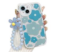NITITOP Compatible for iPhone 14 Case with Lovely Flower Bracelet Chain Clear Floral Bear Camera Lens Case for Women Girls, Soft TPU Shockproof Cover- Bear Blue