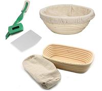 NIU Banneton Ensemble de corbeilles à pain rondes et ovales de 25,4 cm faites à la main pour lever la pâte avec grattoir à pâte, doublure en lin, lame, beige