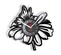 NIUBB Horloge Murale-30Cm,Papillon avec Fleur Art Mural Naturel Disque Vinyle Horloge Murale pour Salon Chambre Rétro Sculpté Musique Album Longplay Horloge