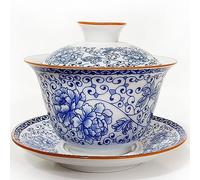 NIUKOMY Gaiwan Céramique 200ML, Vintage Tasses à Thé Chinoise Kung Fu en Porcelaine, Traditionnelle Sancai Ensemble Bols à Thé avec Couvercle et Soucoupe, Bleu Pivoine