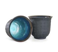 NIUKOMY Lot de 2 Tasse à Thé Japonaise en Céramique, Tasses à Thé Sans Anse Kung Fu Chinois en Porcelaine, Motif en Relief du Texte de Bénédiction, Noir 160ML