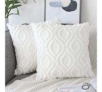 NIULAA Lot de 2 Housses Coussin 40x40 Blanc Velours Laine Housse de Coussin Peluche Decoratif Boho Brodée en Fausse Fourrure Coussin Carrée de Luxe pour Canape Salon