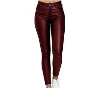 NIULI Pantalon en Simili Cuir for Femme, PU Jean Enduit Stretch Biker en Cuir d'agneau Véritable, Legging Skinny Slim Fit, Collant Taille Haute Aspect Cuir(Red Wine,S)
