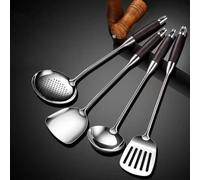 NiuLumea Ensemble d'ustensiles de cuisine en acier inoxydable et en bois avec spatule résistante à la chaleur, louche et écumoire, noir et argent