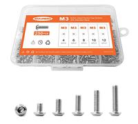 NIULUNBAO Lot de 250 vis à tête cylindrique M3 x 4 mm, 6 mm, 8 mm, 10 mm, 12 mm en acier inoxydable 304, entièrement fileté à la machine, entraînement hexagonal métrique, finition brillante, assortiment de 250 pièces