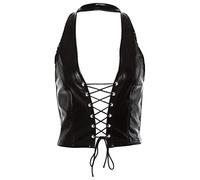 niumanery Femmes Punk Sans Manches Crop Top Dos nu Simili Cuir Lacé Gilet Creux Noir S
