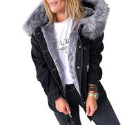 niumanery Women Winter Warm Fluffy Collar Hooded Denim Jacket Warm Long Sleeve Button Coat Black S