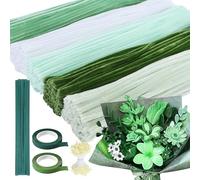 Niuny Fil Chenille 500PCS Cure Pipe Vert Chenille Loisir Creatif 5 Couleurs Pipe Cleaners avec Étamines, Floratape et Tige Fleur Artificiel pour Fournitures de Bouquet de Fleurs et de Décoration DIY