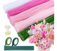 Niuny Fil Chenille Rose 500PCS Cure Pipe Chenille Loisir Creatif 5 Couleurs Pipe Cleaners avec Étamines Floratape et Tige Fleur Artificiel pour Fournitures de Bouquet de Fleurs et de Décoration DIY