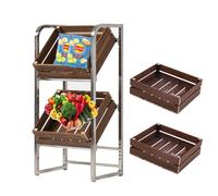 NIUSABOU Exposition de Vente au détail, Chariot à Fruits et légumes en Acier Inoxydable et Bois avec roulettes, 2 ou 3 Niveaux, Noyer(Walnut,2 Tier)