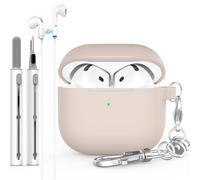 NIUTRENDZ Coque en silicone compatible avec les AirPods 4 avec kit de nettoyage, sangle anti-perte et porte-clés pour AirPods 4ème génération 2024 (beige)