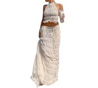 NIUVOO Ensemble 2 pièces maxi jupe dos nu en dentelle pour femme - Haut court dos nu et jupe longue - Robe de cocktail de plage, blanc, M