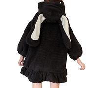 NIUVOO Kawaii Lolita Lapin Manteaux à Capuche Mignon Moelleux Oreilles de Lapin Goth Robe Mode Lapin Filles Veste Jupe Outwear Tops Automne Hiver, Noir , M