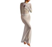 NIUVOO Robe longue d'été en tricot à manches longues dos nu pour femme - En maille transparente - Pour la plage, les vacances, blanc, M
