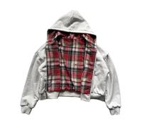 NIUVOO Sweat à capuche réversible avec motif à carreaux surdimensionné pour homme Y2k Emo 2000s Grunge avec fermeture éclair - Style rappeur et hip-hop, Rouge 2, S