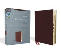 NIV, Thinline Bible, Bonded Leather, Burgundy, Red Letter, Thumb (de piel falsa)