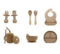 Nivakid Coffret Repas Bebe Silicone Cadeau Naissance Garcon Fille, Vaisselle Bebe 1er Age kit Assiette Enfant 2 ans à Ventouse, Set Repas Bébé, Bavoir Fourchettes Silicone Alimentaire Certifié (Beige)